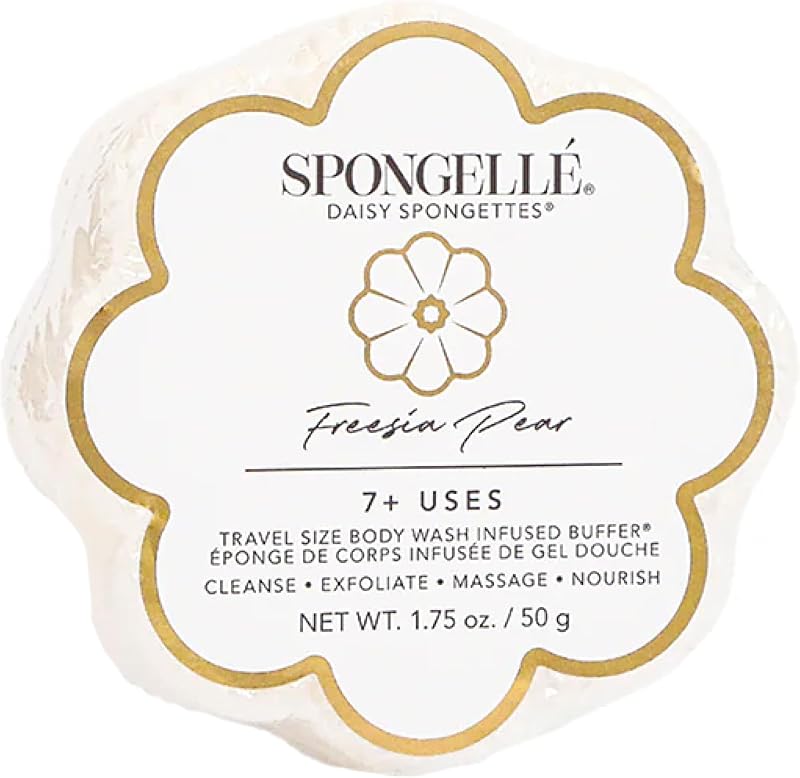 SPONGELLÉ Esponja de Banho Spongette Freesia Pear Daisy com sabonete corporal integrado, 7 usos ou mais