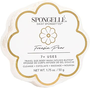 Spongelle Freesia Pear Daisy Spongette Bath Sponge | Built-in Body Wash & Body Scrubber, Shower Loofah Sponge for Women, Travel Essentials | 7+ uses