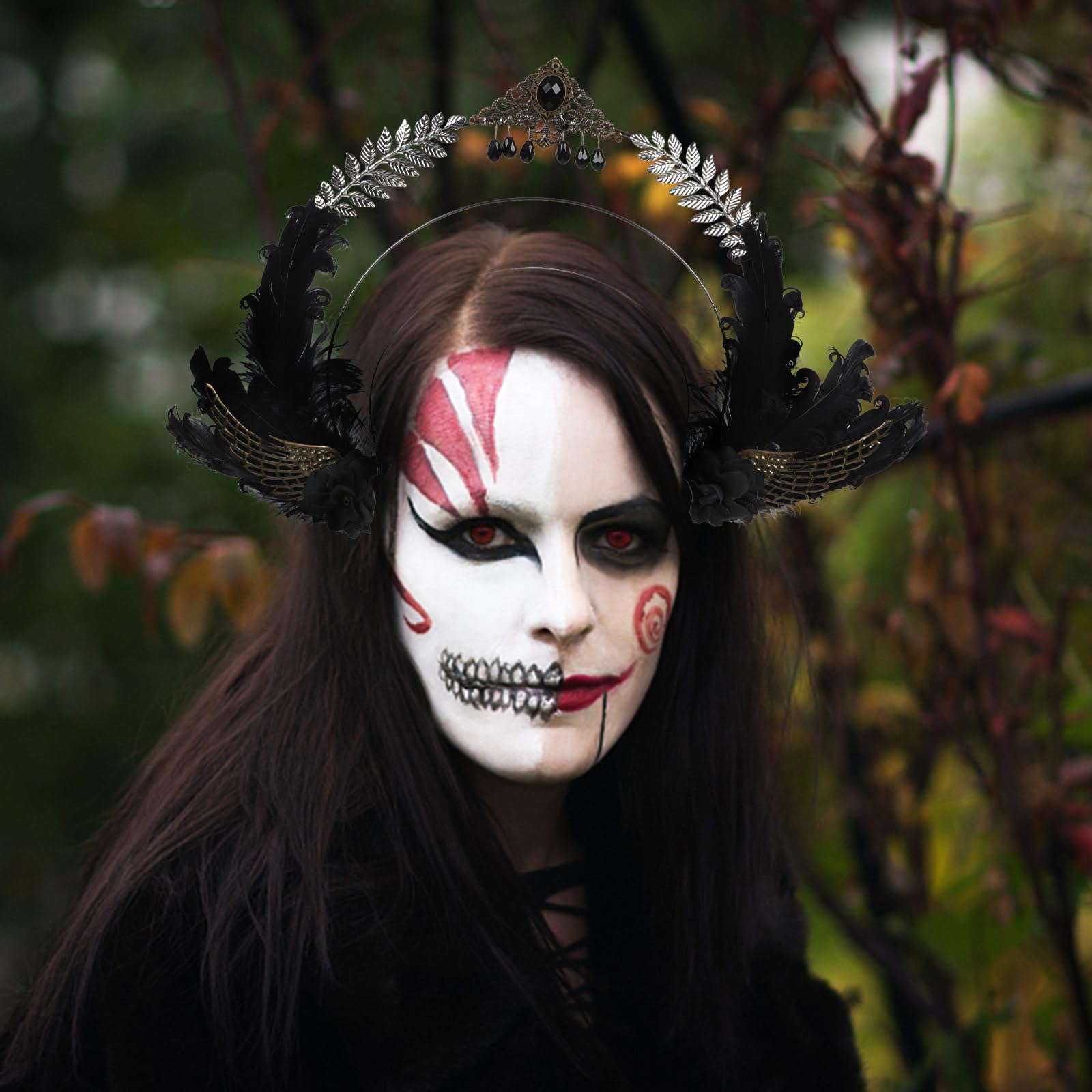 Vintage Haarreif mit Federn und Strasssteinen Eleganter Party Kopfschmuck aus Metall Delikate Dekoration Einfach zu Tragen für Halloween und Themenpartys