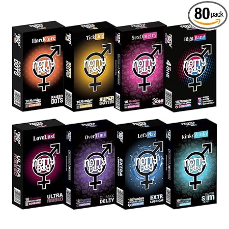 NOTTY BOY Assorted Honeymoon Condom For Men - Super Dotted, Climax Delay, Extra Thin, Ultra Ribbed, Raised Dots, Smooth Lubricated, 4-in-1 and 3 in One Ribs Dots Contour Prolong (Set of 8, 80 units)
