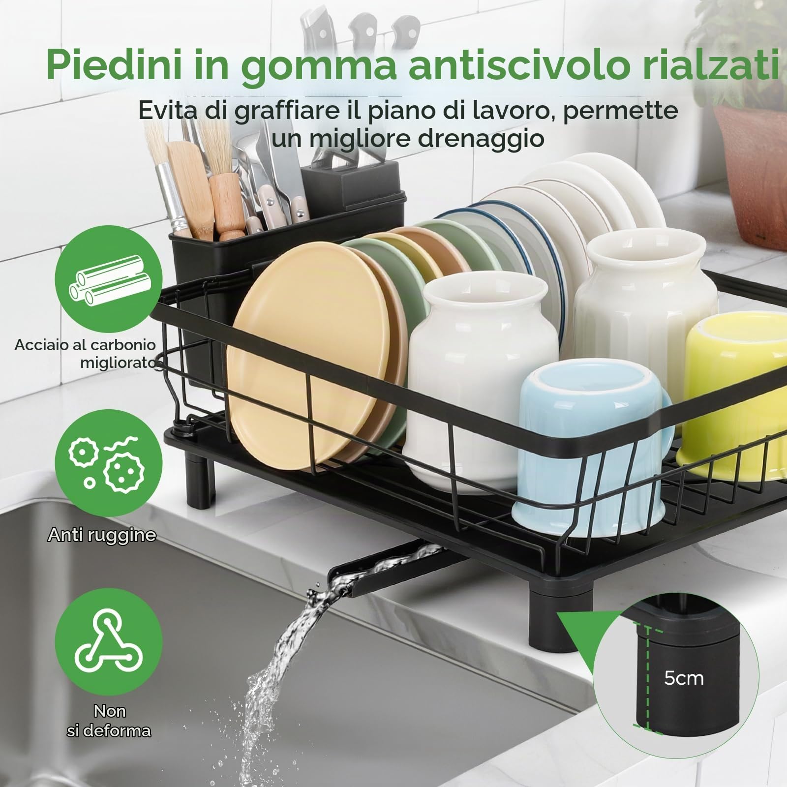 Cozary scolapiatti salvaspazio per il piano di lavoro della cucina con portautensili, scolapiatti da cucina con sgocciolatoio, nero