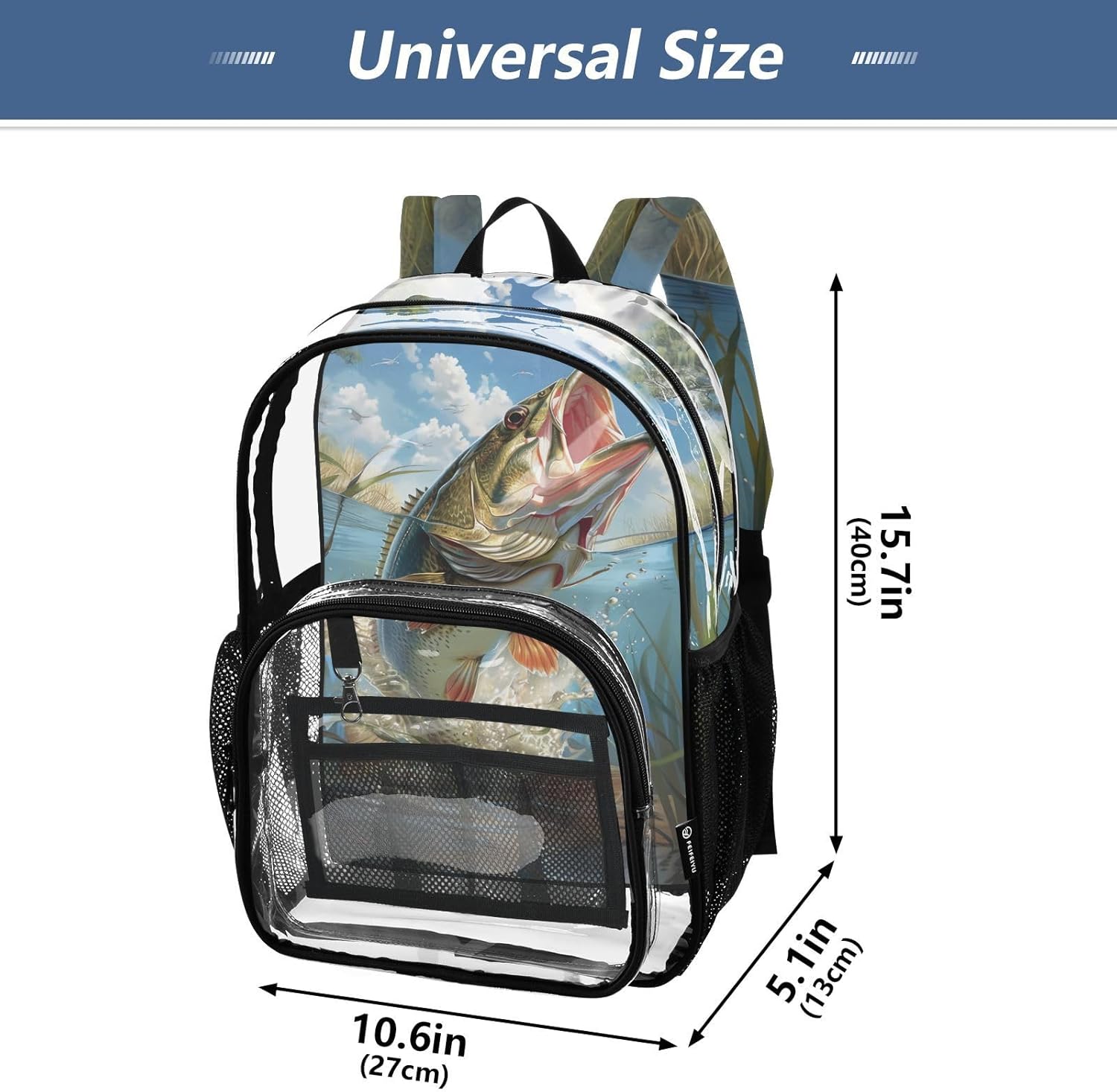 Fish Print Clear Backpack Lightweight Large Capacity See Through Bookbag Transparent Daypack Bag, 12L - Image 4