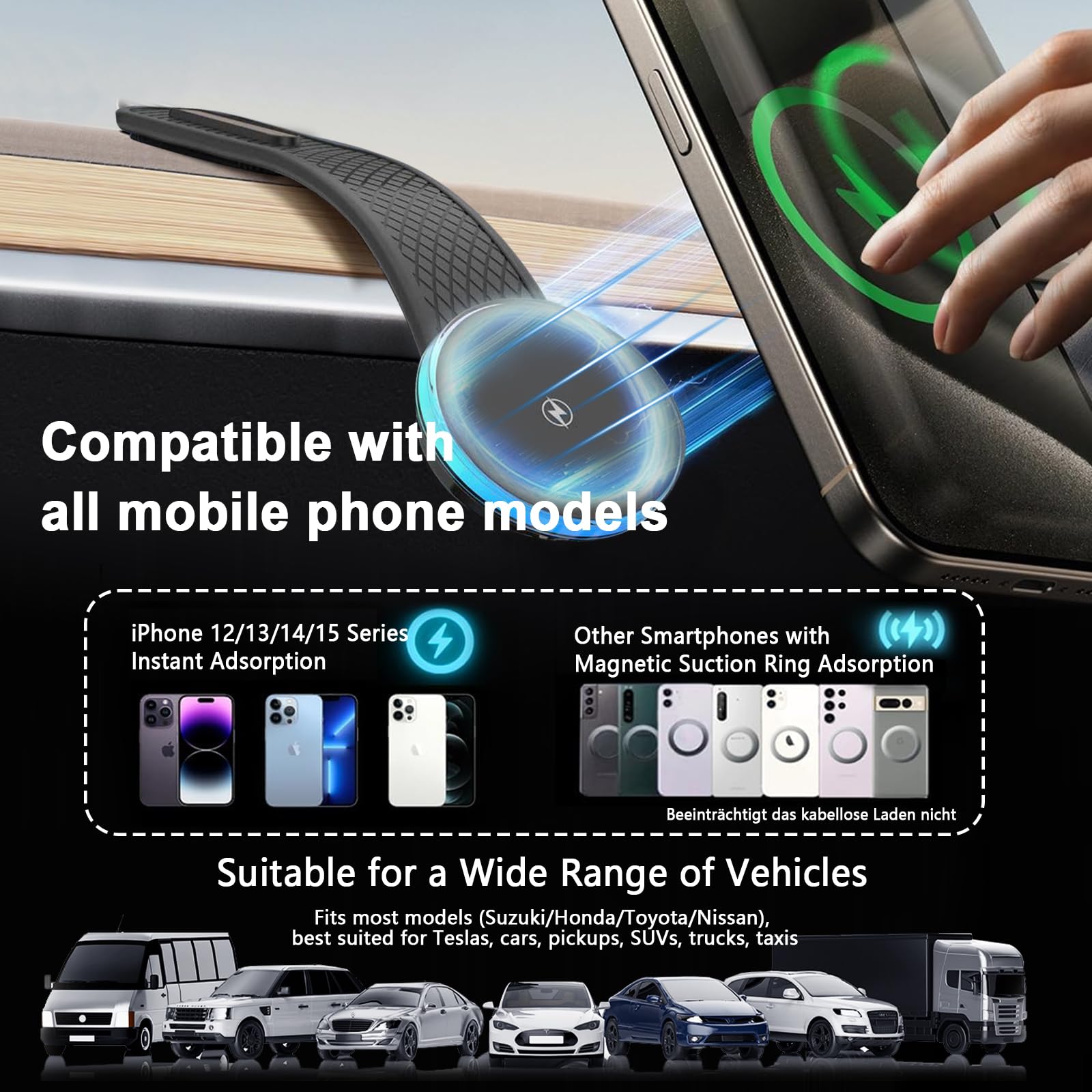 Caricatore Wireless Auto per Magsafe,Magnetic Car Ricarica con Funzione di Ricarica,nano ventosa,Rotazione a 360°,Pieghevole a Piacere,Compatibilità con iPhone Series 15/14/13/12