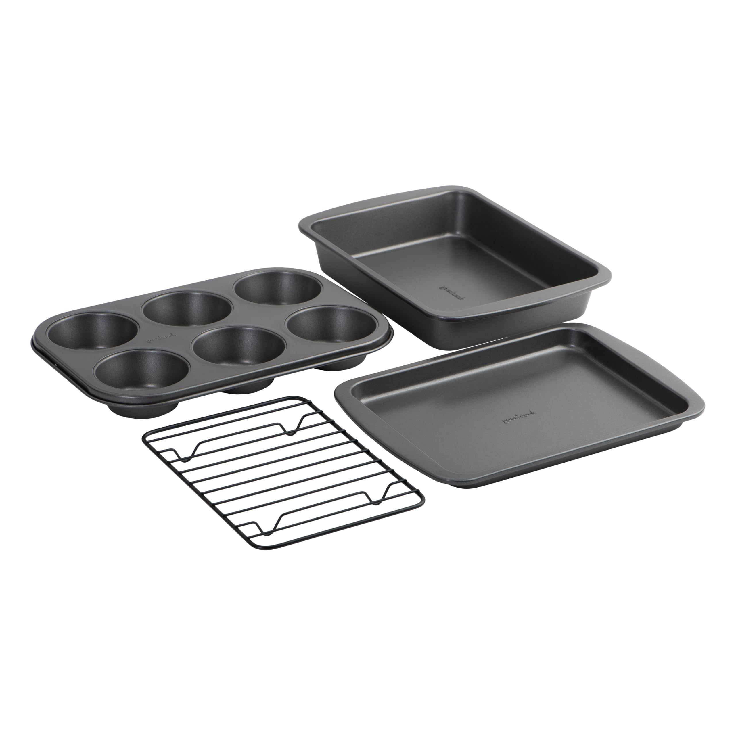 4-Piece Nonstick Steel Toaster Oven Set with Sheet Pan, Rack, Cake Pan, and Muffin Pan, Gray, 4-Piece Set Distributes Heat Evenly, Nonstick Coating, Dishwasher-Safe