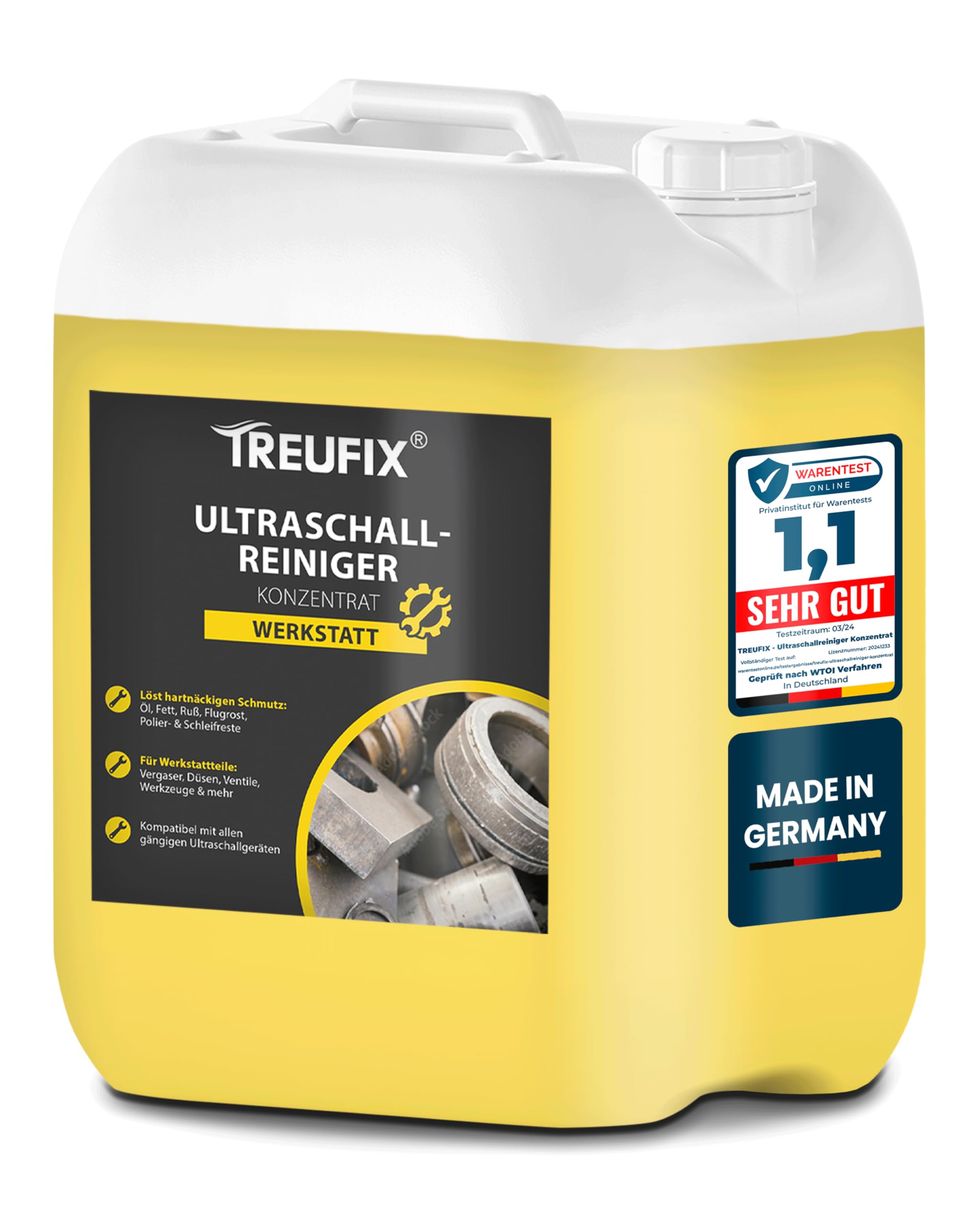 Treufix Ultraschallreiniger Konzentrat Werkstatt 5L | für Vergaser, Einspritzdüsen, Motorenteile – stark gegen Öl, Fett, Ruß – materialschonend & effektiv – Made in DE