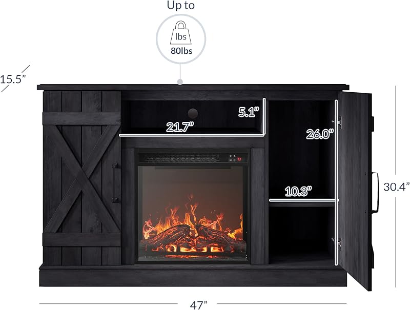 BELLEZE Veropeso 47" TV Stand with 18" Electric Fireplace - Rustic Grey image 2