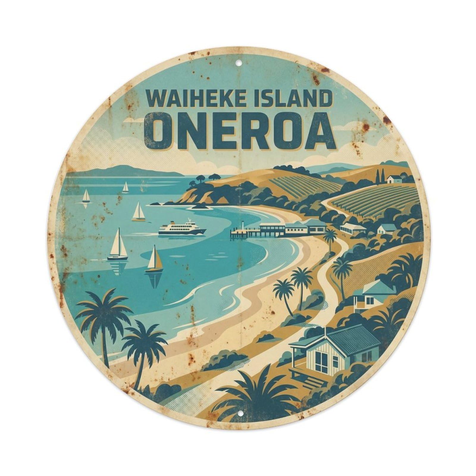 Waiheke Island Oneroa Marine Scenery WPA Travel Metal Tin Sign