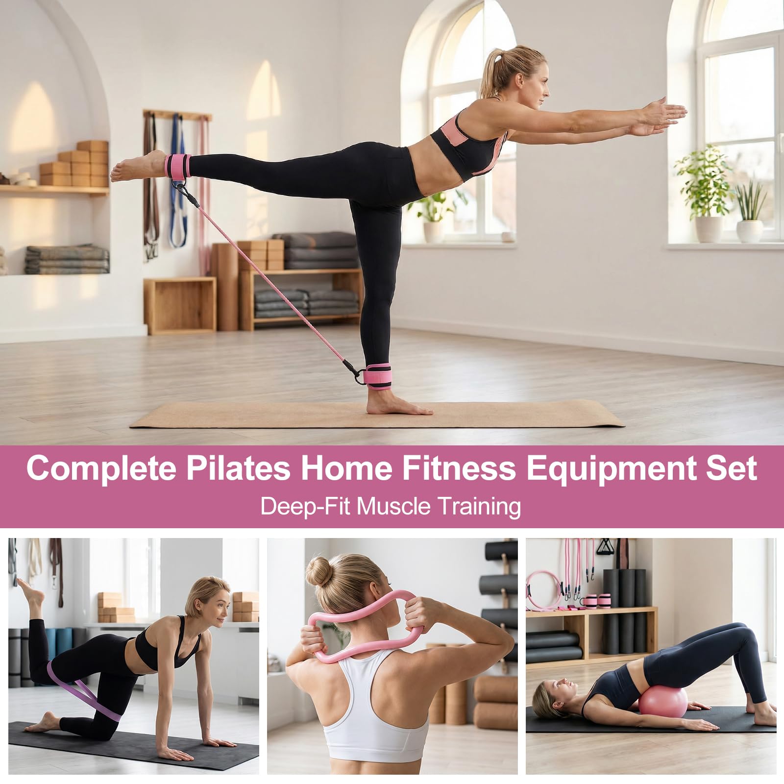 18Teiliges Pilates Set, Pilates-Ring, Yoga-Ball, Fitnessband, Spannungsring, Massageringund Tasche, passend für Home-Gym-Fitnessgeräte