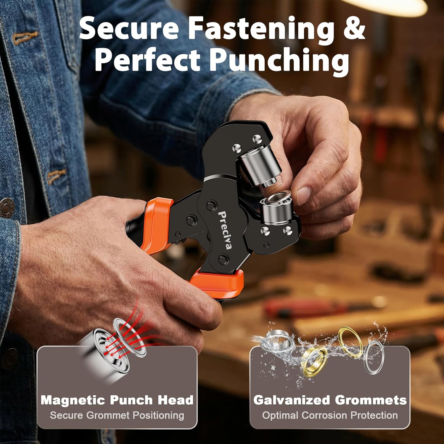 2-Size Grommet Tool Kit with Quick-Change Jaws - 1/4" 3/8" Hole Punch & Eyelet Setter, 400Pcs Gold/Silver Grommets, Ratchet Pliers, No Screwdriver for Jaw Swap, Punch Awl for Fabric Tarpaulin Canvas