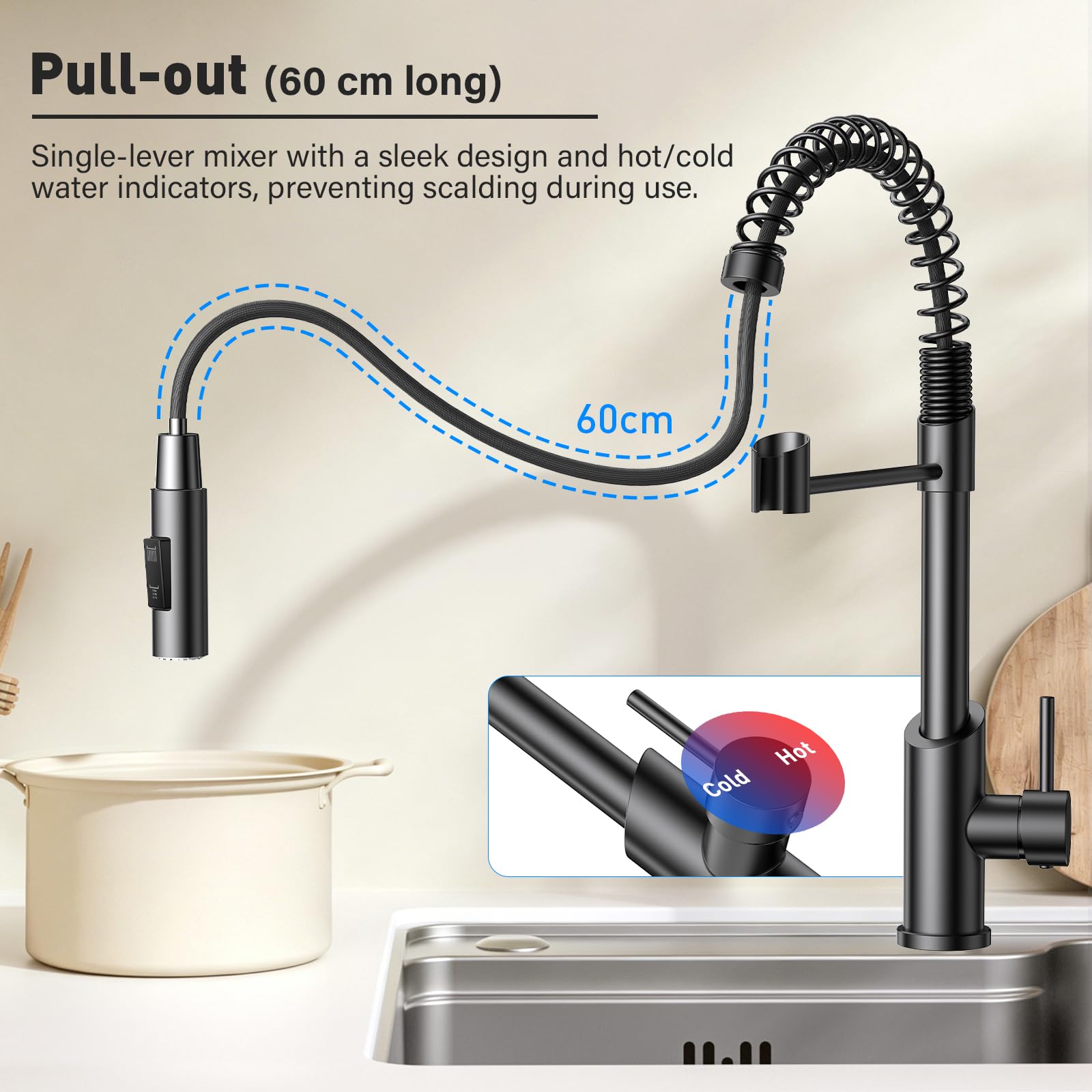 Grifo Cocina Extraible, Grifo Cocina Fregadero 360° Giratorio Con Dos Modos De Salida De Agua Grifo De Cocina,Grifo Monomando Cocina Mezclador De Arco Alto Acero Inoxidable 304 Cepillado (Negro)