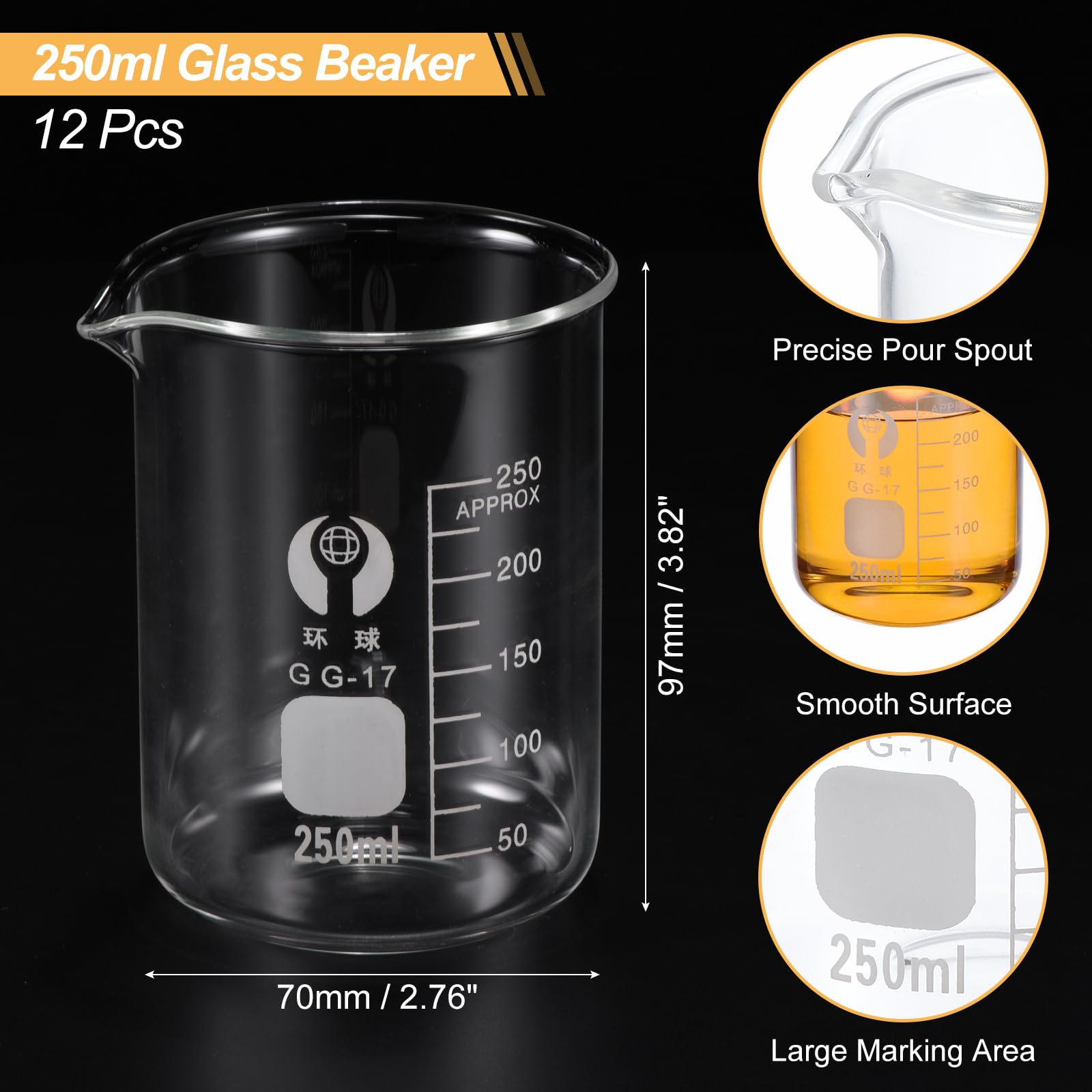 PATIKIL 250ml Low Form Glass Beaker, 12 Pack 3.3 Borosilicate Glass Graduated Printed Scale Measuring Cups with Spout for Kitchen Lab Liquids
