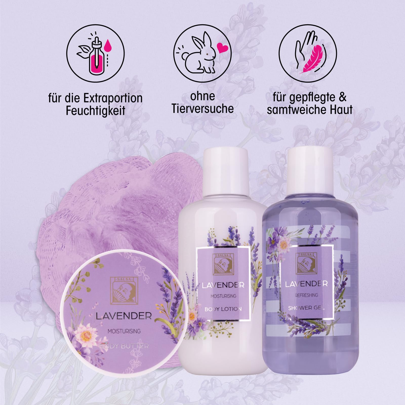 Accentra - LAVENDEL Shower Set for Women in Cute Box - 4 Piece Shower Set with Shower Gel, Body Lotion, Body Butter and Net Sponge - Valentine's Day Gift for Mother's Day — view 3