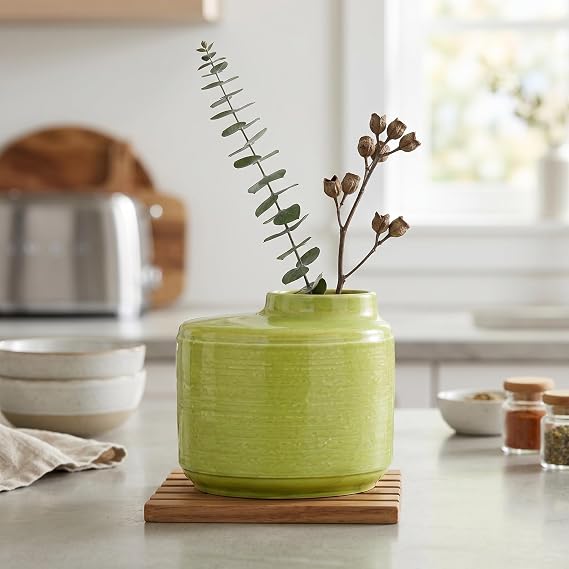 Green Ceramic Vase, 5 Inch | Small Decorative Vases for Flowers, Living Room, Entryway, Dining Table, Mantle, Bathroom and Home Decor