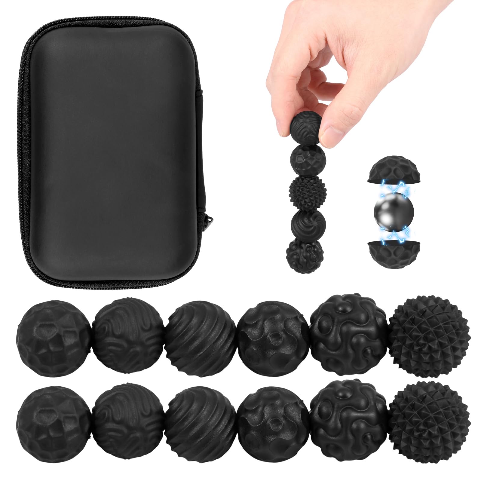 12 Pcs Magnetic Stress Relief Balls, 22mm Silicone Shell Balls with 6 Textures, Anti-Static Sensory Tool for Kids Adults Office Home School Focus(black,12)