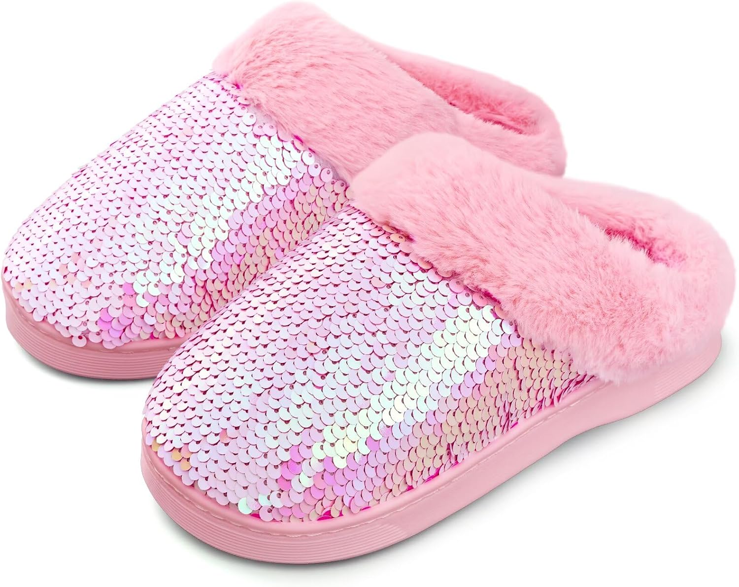 WateLves Girls Slippers Toddler Kids Plush Sequin Slip On Slippers Memory Foam Warm House Shoes for Indoor Outdoor