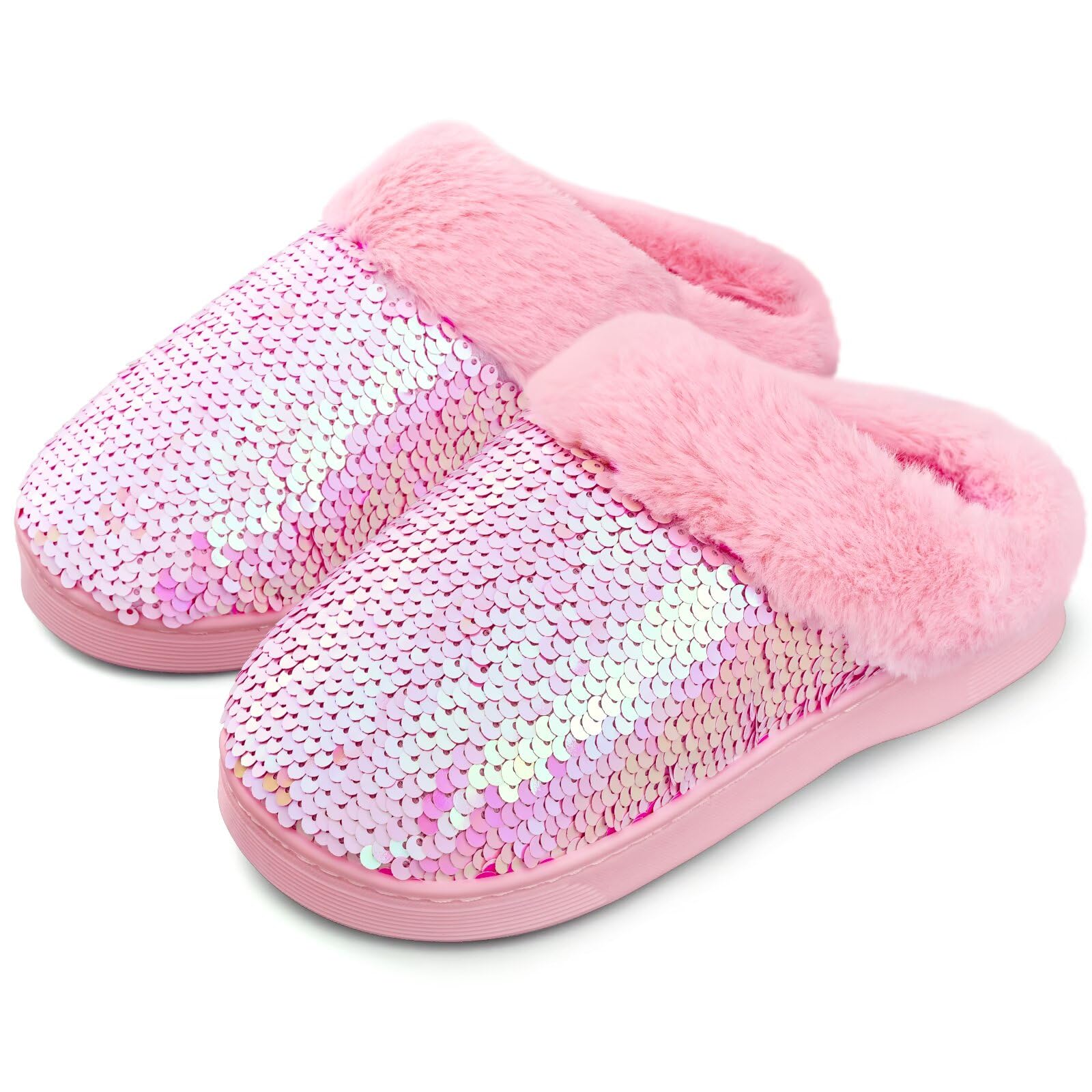 WateLves Girls Slippers Toddler Kids Plush Sequin Slip On Slippers Memory Foam Warm House Shoes for Indoor Outdoor