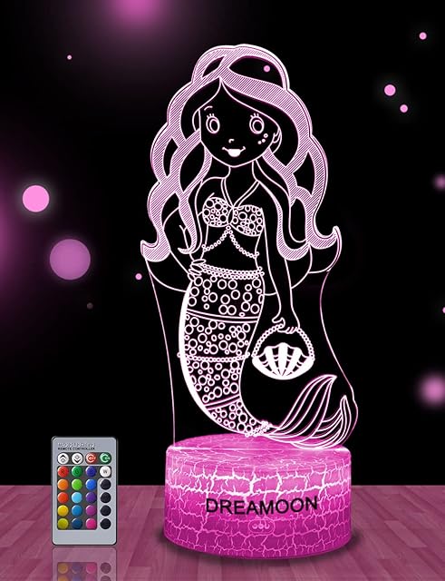 DREAMOON Mermaid 3D Illusion Lamp, Mermaid Gifts for Girls, 3D Night Light with 16 Colors Change Remote Control, Decorative Desk Lamp, Creative Birthday Christmas Gift Mermaid Fans Toys