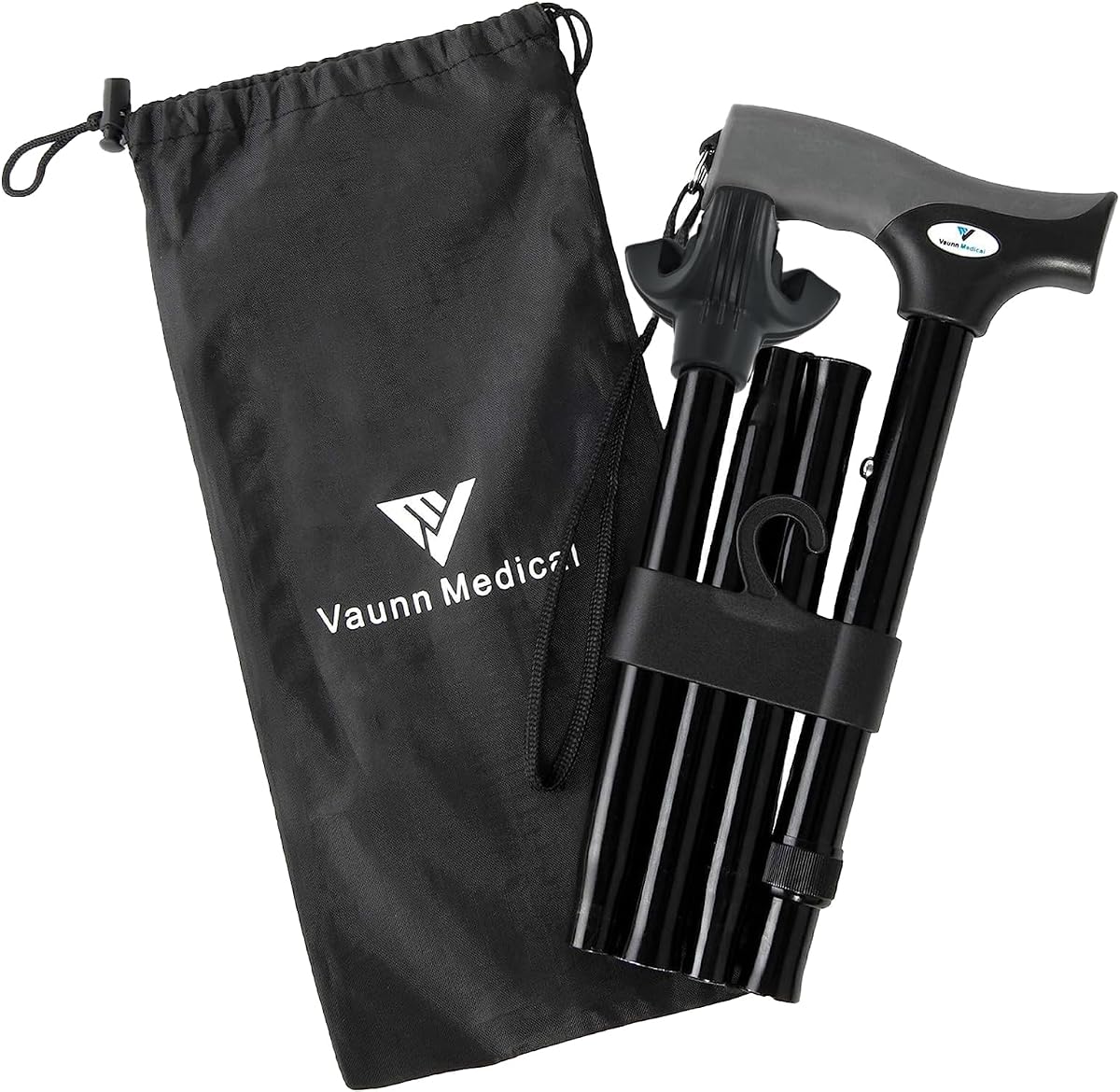 Elegible para FSA/HSA, Vaunn Medical Easy Grip Bastón/bastón plegable de altura ajustable con correa/bolsa - Asistente para caminar compacto, portátil y seguro - Mango antideslizante - Hombres, mujeres y ancianos