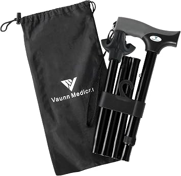 FSA/HSA Eligible, Vaunn Medical Easy Grip Height Adjustable Folding Cane/Walking Stick with Strap/Pouch- Compact, Portable, and Safe Walking Assistant- Non-Slip Grip Handle- Men, Women, Elderly
