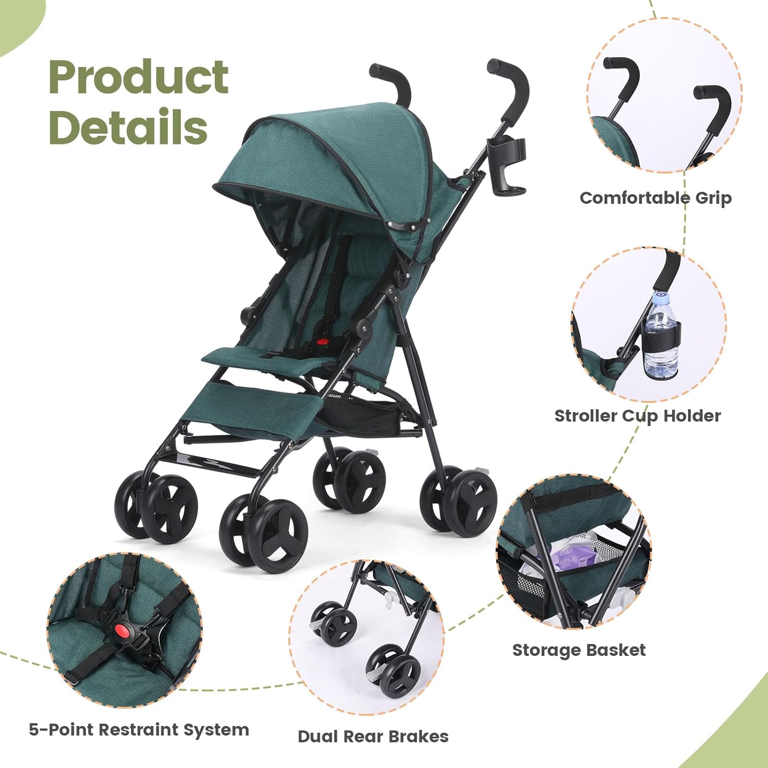 One-Handed Folding Lightweight Stroller, Large Storage Basket, Canopy, Cup Holder, Compact Umbrella Stroller Durable Frame, 3-36M Travel Stroller for Airplane Ultra Overhead Friendly (Dark Green)