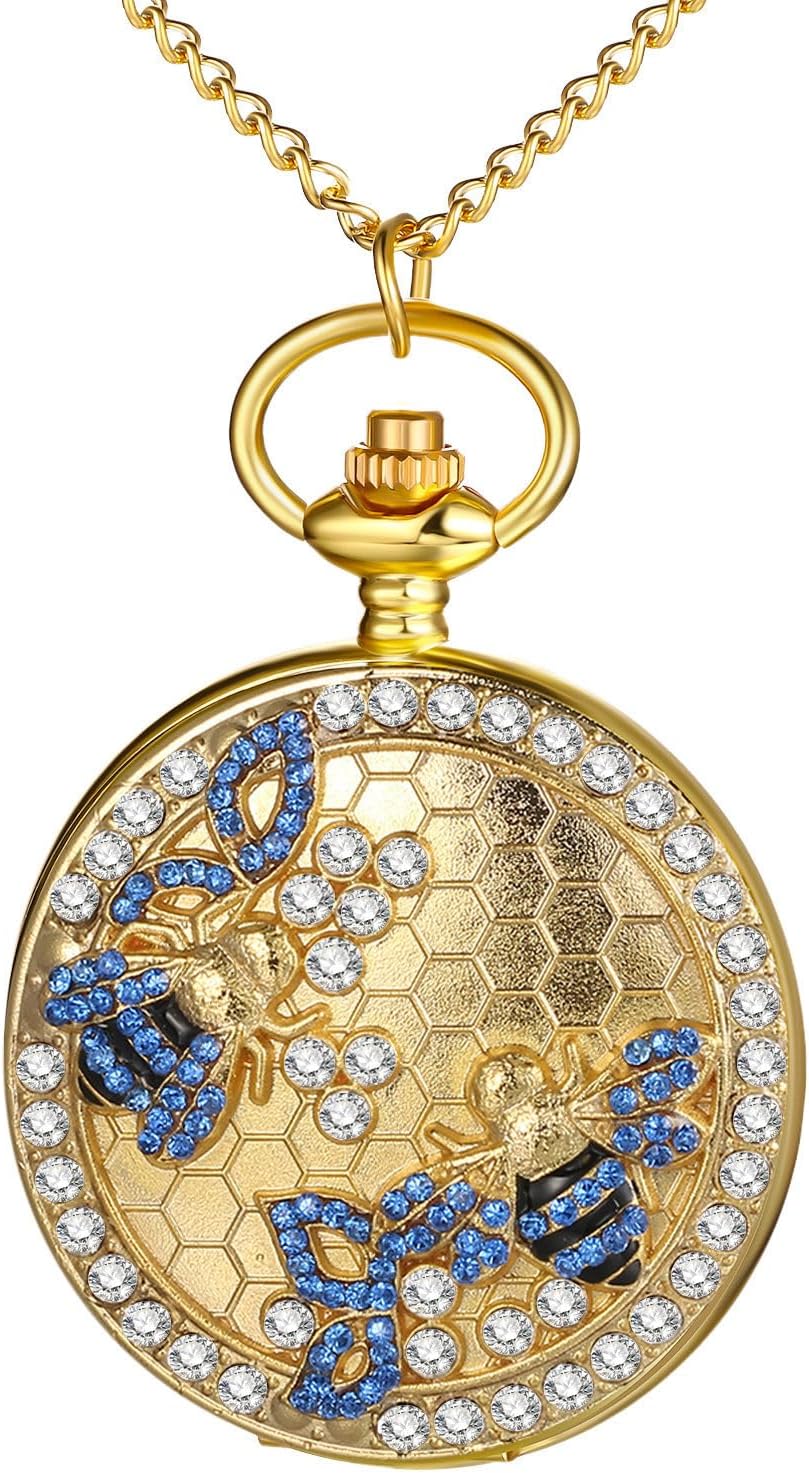 JewelryWe Pocket Watch Women Men: Gold Vintage Bronze Quartz Analog Hollow Sparkling Bling Rhinestone Honeybee Hunter Case Fob Chain Timepiece Gift