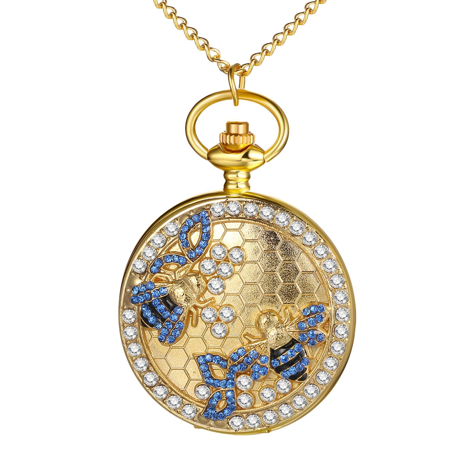 Pocket Watch Women Men: Gold Vintage Bronze Quartz Analog Hollow Sparkling Bling Rhinestone Honeybee Hunter Case Fob Chain Timepiece Gift-image-26
