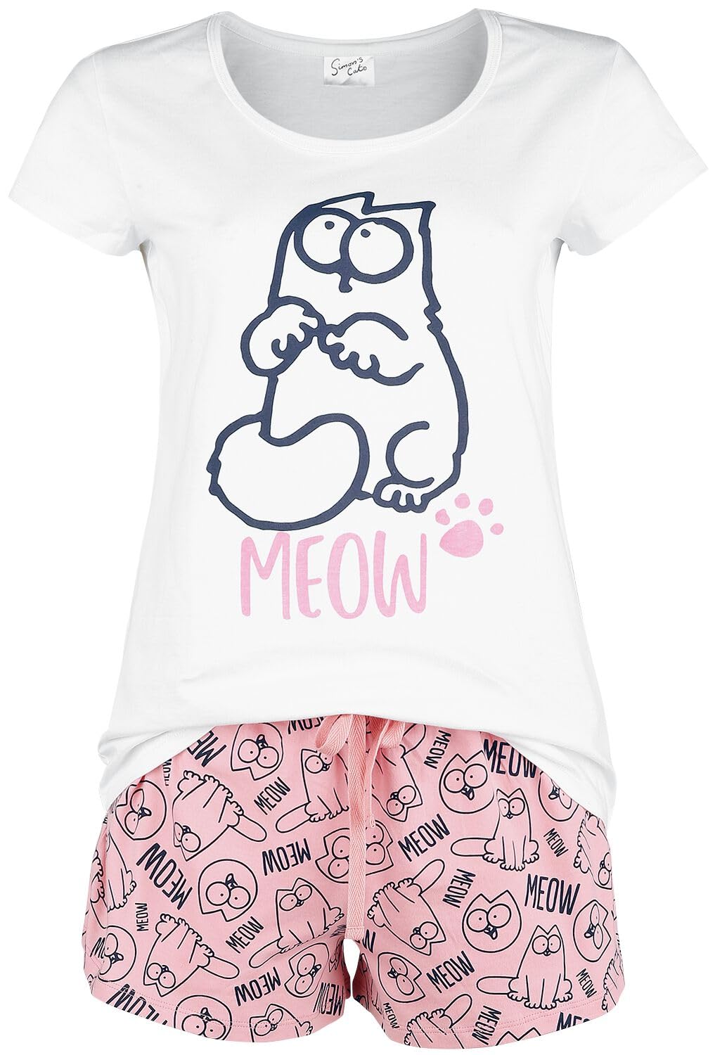 Simon' s Cat Meow Donna Pigiama Bianco/Rosa 100% Cotone