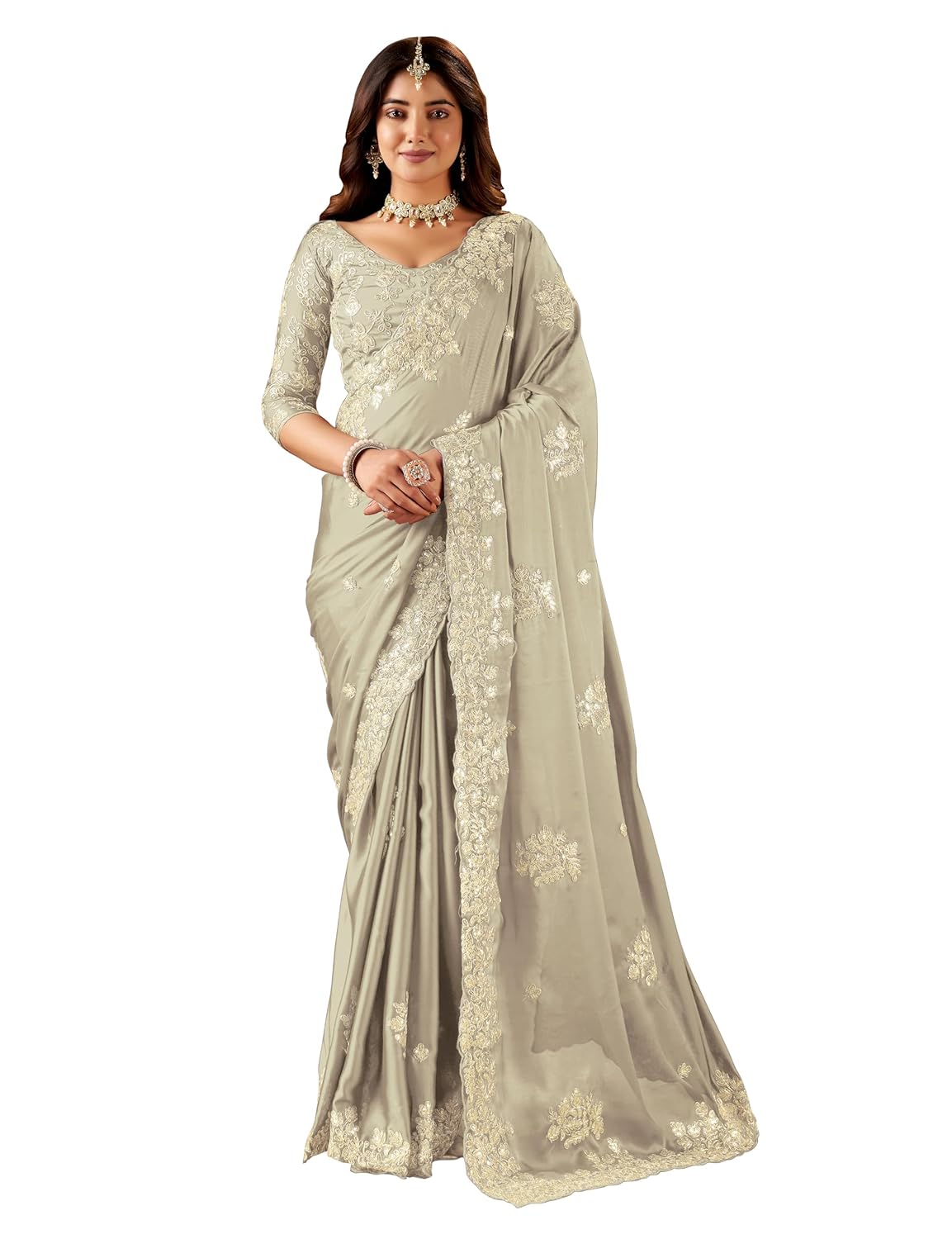NIRLABH”Grey Embroidered Saree for Women with Zari Work Festive, Wedding