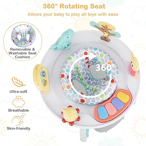 Miniatura 4 de HONEY JOY Centro de actividades para bebés, puente infantil 5 en 1 y mesa de juego de pie con asiento giratorio de 360, 6 juguetes, 3 alturas