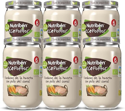 Nutribén EcoPotitos De Pollo De Corral con Verduras -Ingredientes ecológicos- Desde Los 6 Meses, Pack de 6 x 235gr.