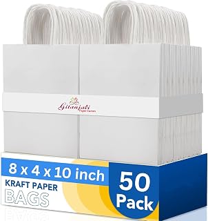 Small Paper Bags 50pcs 8"x10"x4" Return Gift Bag with Handles, Craft Shopping Carry Bags in Bulk for Boutiques, Small Business, Retail Stores, Merchandise (White, Pack of 50)