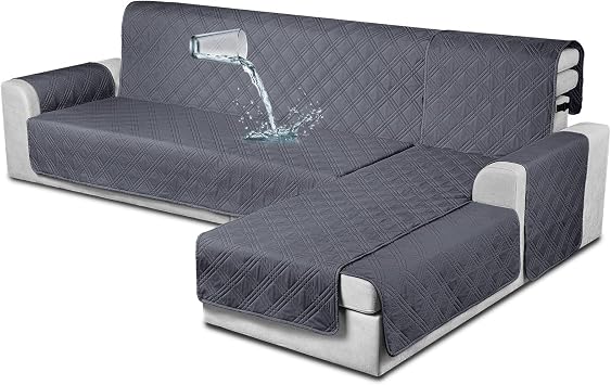 TAOCOCO 100% Waterproof Sectional Couch Covers L Shaped Sofa Covers 3pcs Chaise Lounge Cover for Pet Kids, Reversible Couch Covers for Sectional Sofa Ottoman with Elastic StrapsSmall, Dark Grey