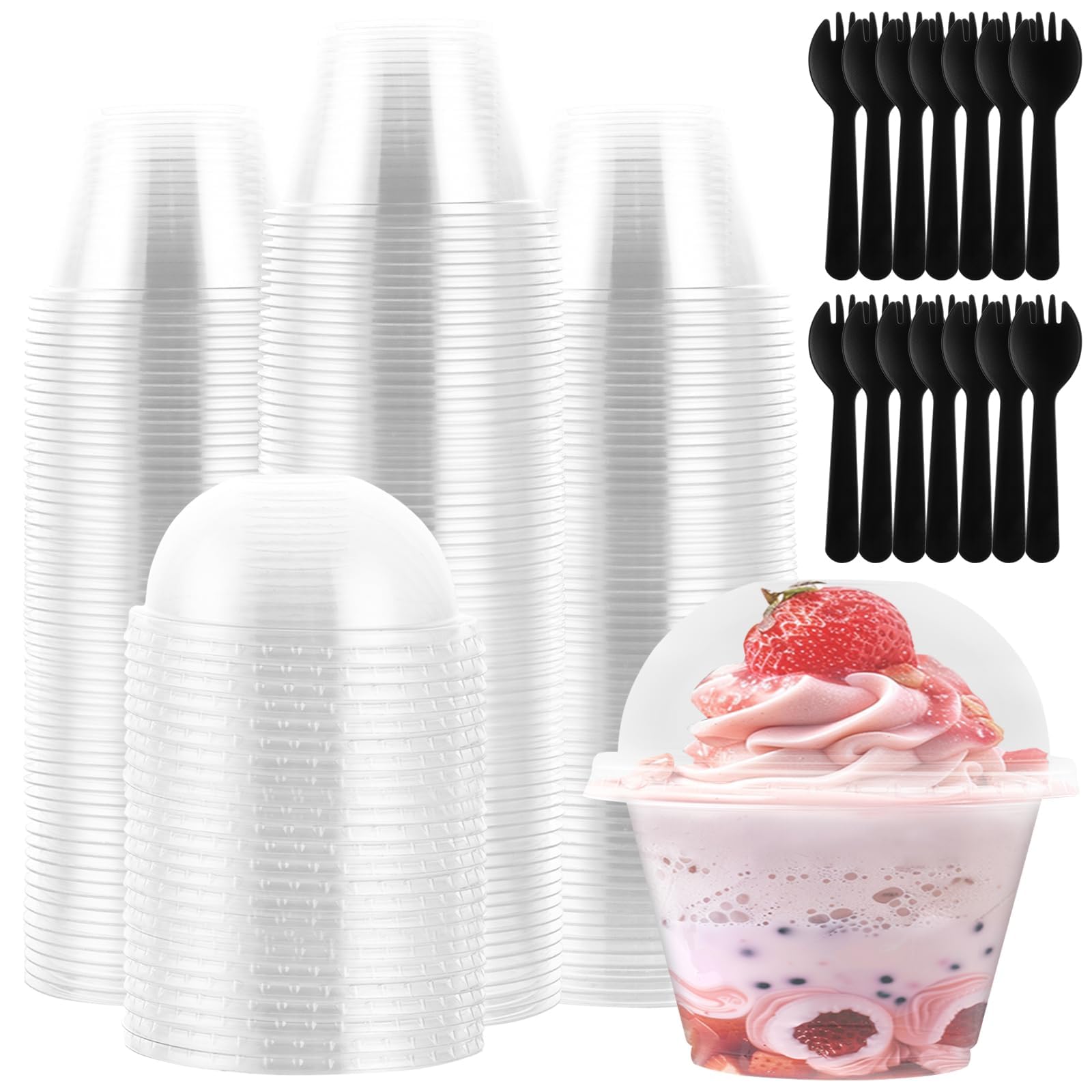 MIVIDE 100 bicchieri da dessert con coperchio e cucchiaio, 180 ml/6 oz in plastica, riutilizzabili, con coperchio per mousse, budini, gelati, feste di dessert, matrimoni