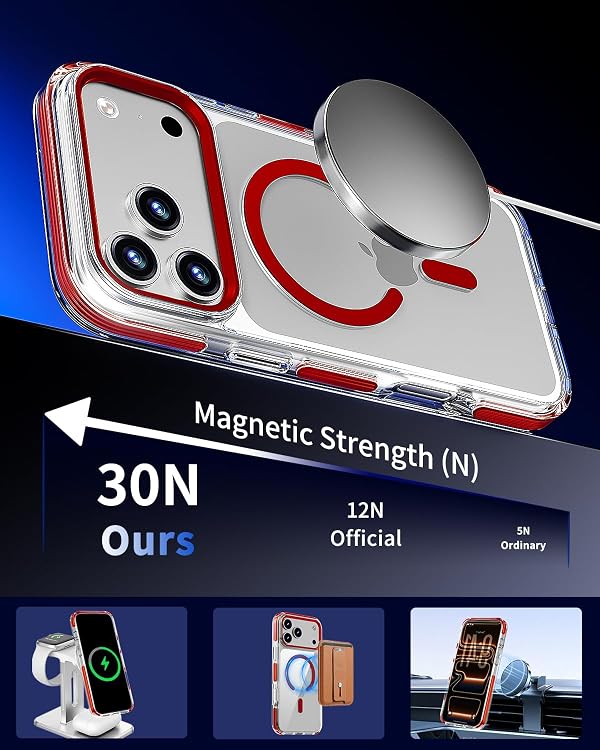 UREMKIM for iPhone 17 Pro Max Case: Clear Magnetic Phone Cases with Detachable DIY Soft Strip and Camera Frame Compatible with MagSafe Slim Anti Yellowing Shockproof Protective Phone Cover, Red by UREMKIMㅤ - Used condition - Image 3