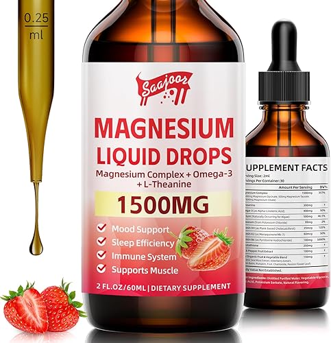 Gotas líquidas de glicinato de magnesio, 1500 mg de suplemento líquido de magnesio con vitamina B6, D3, L - teanina, omega3, noche de apoyo,