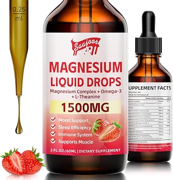 Magnesium Glycinate Liquid Drops, 1500mg Magnesium Liquid Supplement with Vitamin B6, D3, L - Theanine, Omega3,Support Night, Muscle, Bone, Mood, Strawberry Flavor - 2 Fl Oz 60ml Bottle