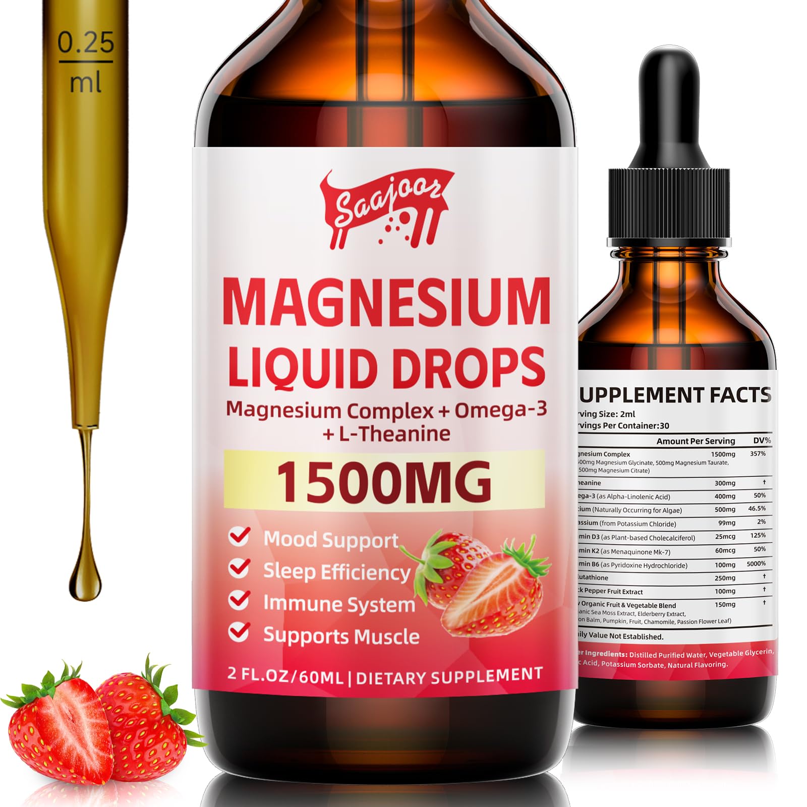 Magnesium Glycinate Liquid Drops, 1500mg Magnesium Liquid Supplement with Vitamin B6, D3, L - Theanine, Omega3,Support Night, Muscle, Bone, Mood, Strawberry Flavor - 2 Fl Oz (60ml) Bottle 1pack