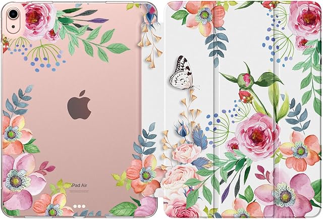 MoKo Case Fit iPad Air Case 5th/4th Generation 2022/2020, Slim Trifold Stand Cover with Soft Frosted Back, Auto Wake/Sleep, Support Touch ID and iPad 2nd Pencil Charging,Fragrant Flowers