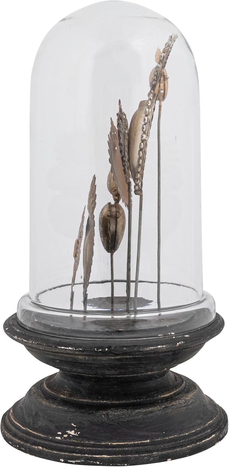 Decorative Tin Sacred Hearts on Wood Pedestal with Glass Cloche