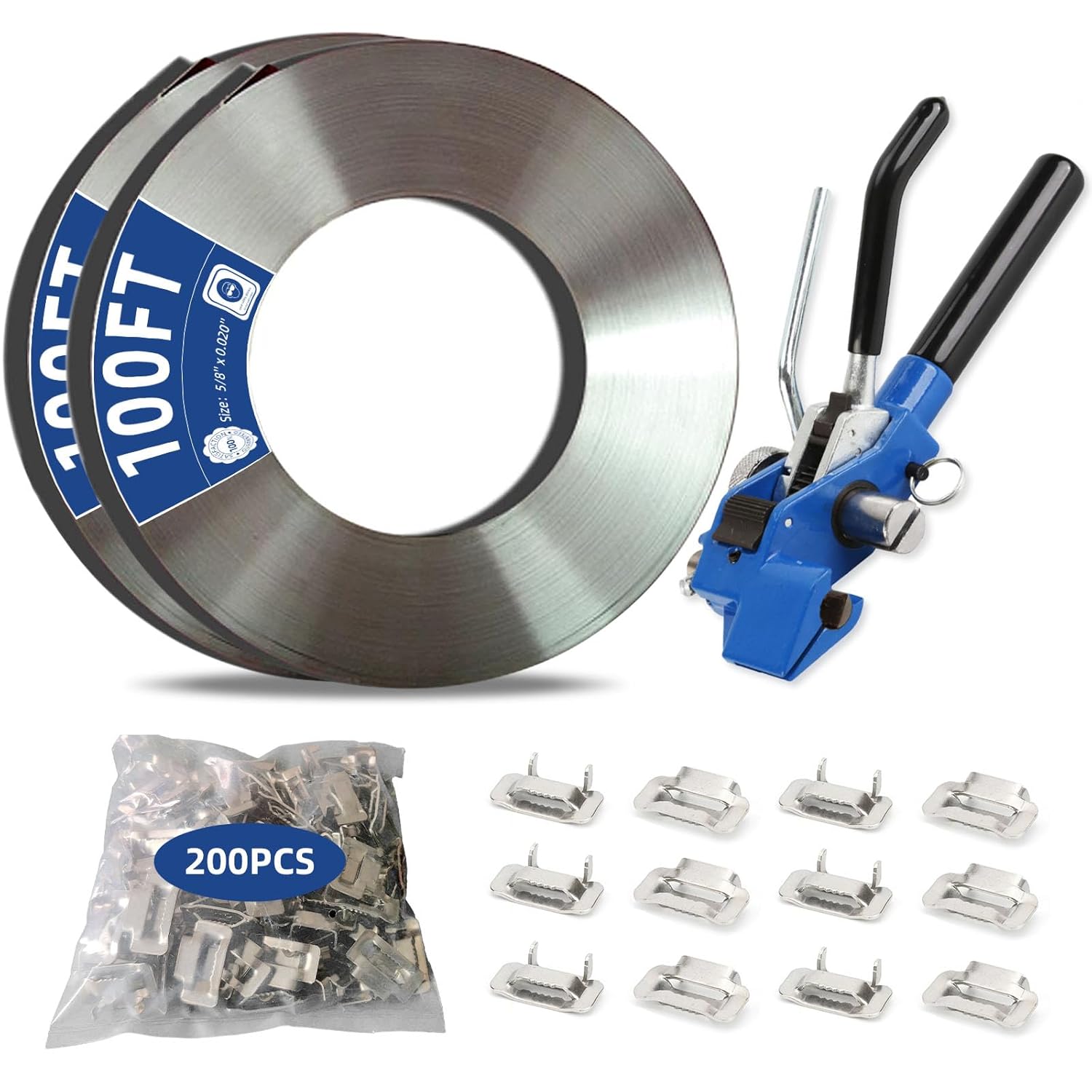 Stainless Steel Packaging Strapping Banding Tensioner Kit, 3/4" x 200 Feet Stainless Steel 304 Banding Coil, 200 Pieces Ear-Lokt Buckles. Complete Packaging Strapping Solution