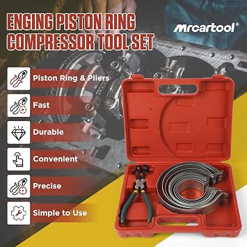 MR CARTOOL Piston Ring Compressor Tool, Automotive Engine Piston Ring Compressor Pliers Set with 14 pcs Piston Rings & with 1 Pliers Repair Tool Kit for Car Truck Auto Engine