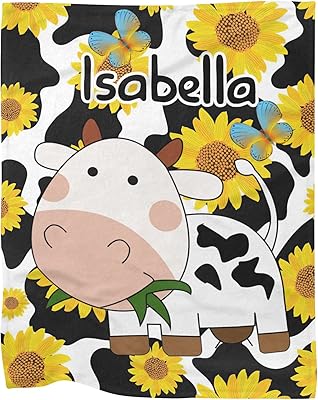 CUXWEOT Personalized Kids Fleece Blanket with Name Custom Cut Cow Baby Throw Blanket for Bed (30 x 40 inches)