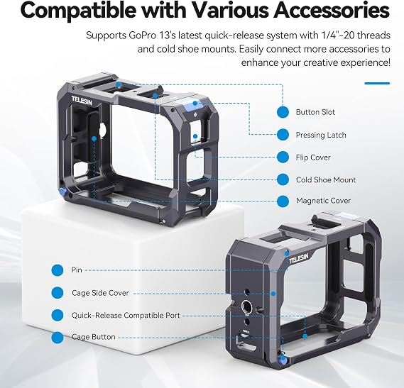 TELESIN Upgraded Aluminum Alloy Cage Frame Housing for Go Pro 13 12 11 10 9 Black, Supports Go Pro 13 Quick-Release System, with 1/4 Thread & Cold Shoe for Video Light Microphone for Hero Accessories
