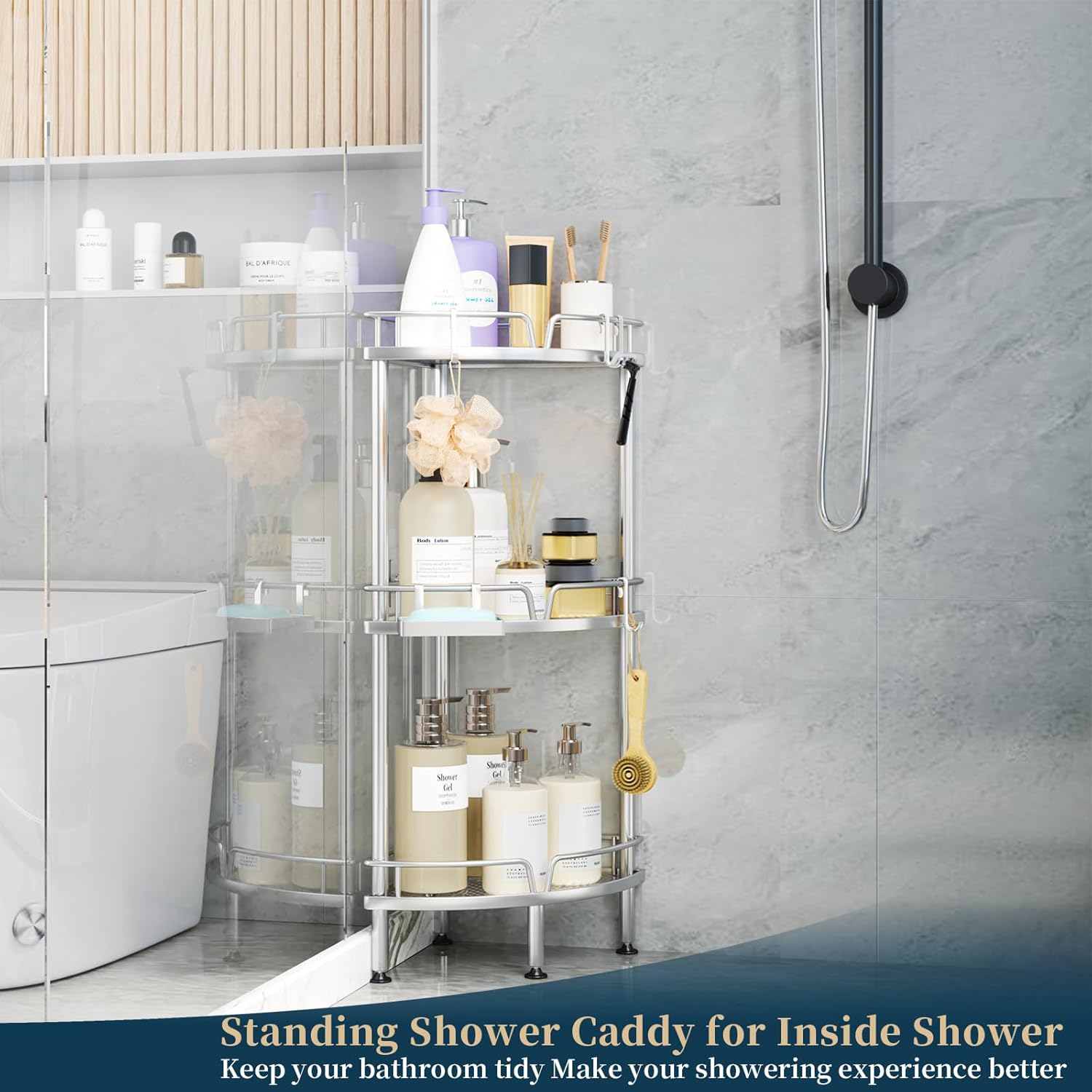 Consumest Corner Shower Caddy Stand - 3 Tier Shower Organizer with Soap Holder, Tall Floor Corner Shelf Standing with Adjustable Feet & 4 Hooks, Storage Rack for Bathroom, Silver