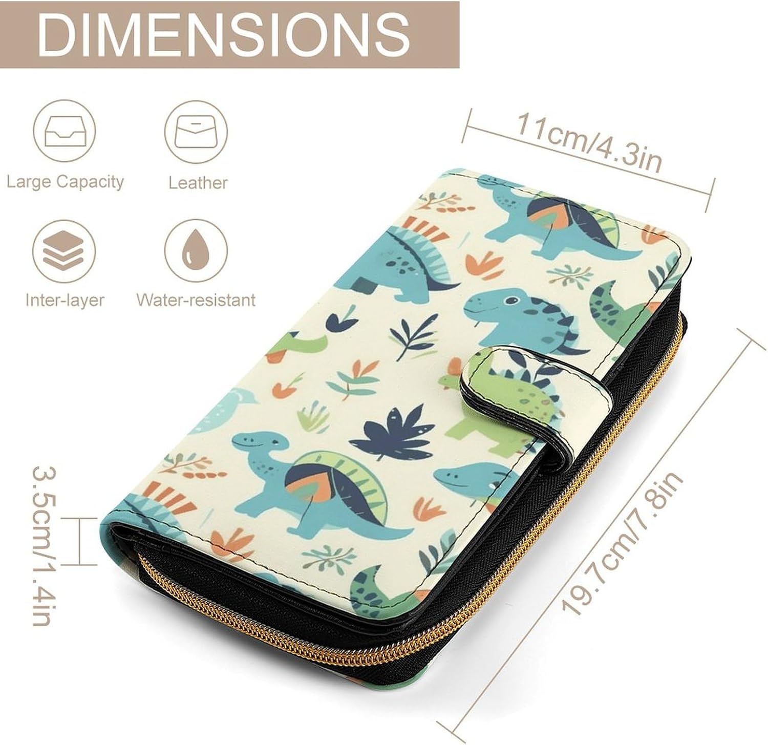 Dinosaur Pattern Wallet,PU Leather Material, Small Wallet,Bifold with Zipper, Travel Wallet,Compact And Portable for Men And Women 7.8 * 4.3 * 1.4 Inches