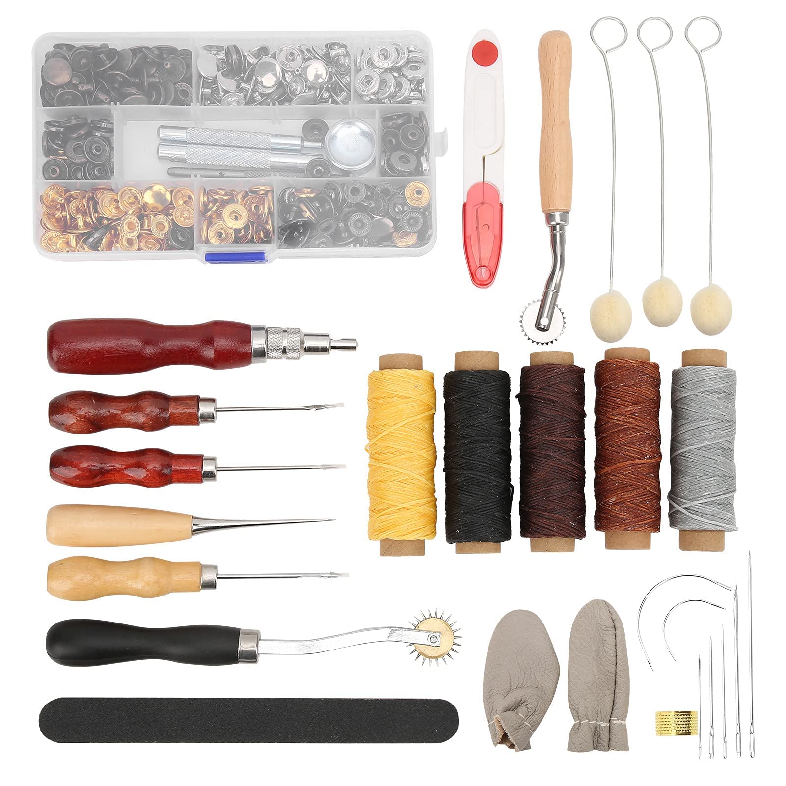 Kit di strumenti per la lavorazione della pelle, kit per cucito e riparazione con punteruolo regolabile, protezioni per dita, aghi, filo di cera per cappotti, tende, materassi fai da te