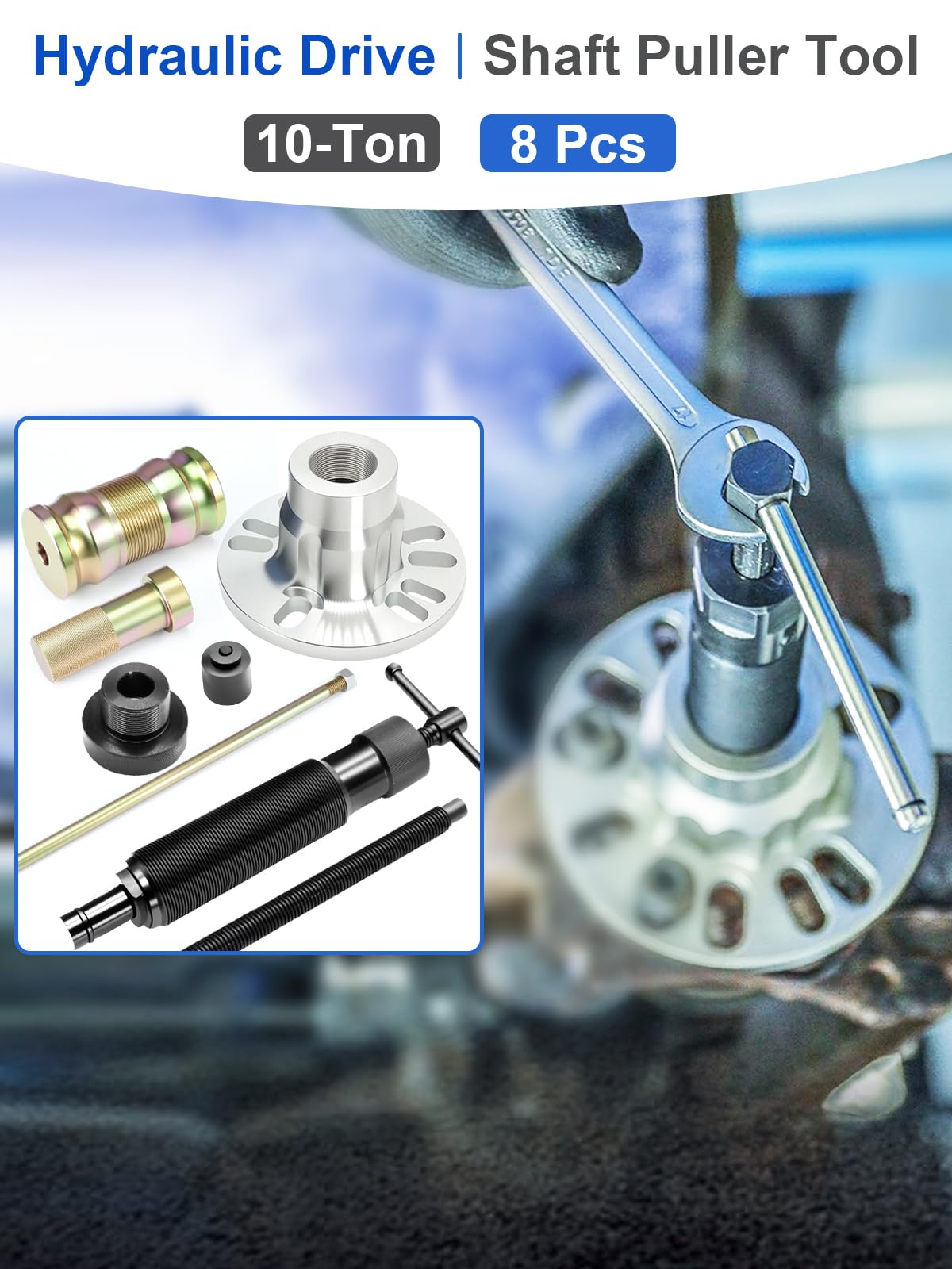 10T - Extractor de cubos hidráulicos de rueda (8 piezas, universal, para llantas de 4/5 agujeros (96 – 125 mm), extractor de ejes de accionamiento con bomba hidráulica manual y martillo de