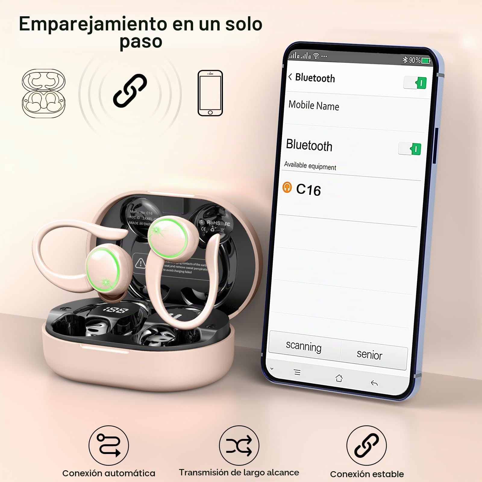Rolosar Auriculares inalámbricos Deportivos, Auriculares Bluetooth 5.4 HiFi Estéreo con 4 HD Mic, 50H Cascos Inalambricos con Cancelacion Ruido ENC