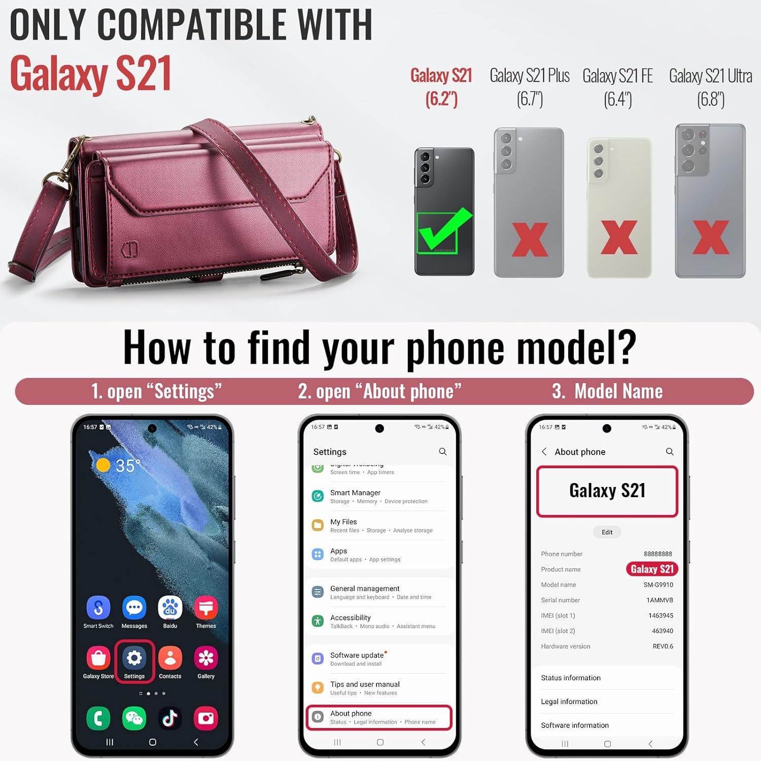 Strapurs Crossbody Wallet Case Compatible with Samsung Galaxy S21 5G RFID Blocking Card Holder Soft PU Leather Magnetic Snap Shoulder Strap Zipper Pocket Phone Case Fit for Galaxy S21 6.2" - Wine Red