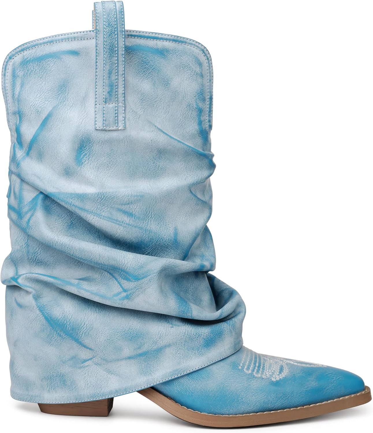 Slouchy Cowboy Boots for Women with Metal Ring Buckle, Pointed Toe Western Boots Mid Calf, Black Distressed Cowgirl Boots, Edgy Biker Moto Boots with Chunky Heel, Fashion Boots for Outfits & Clubwear